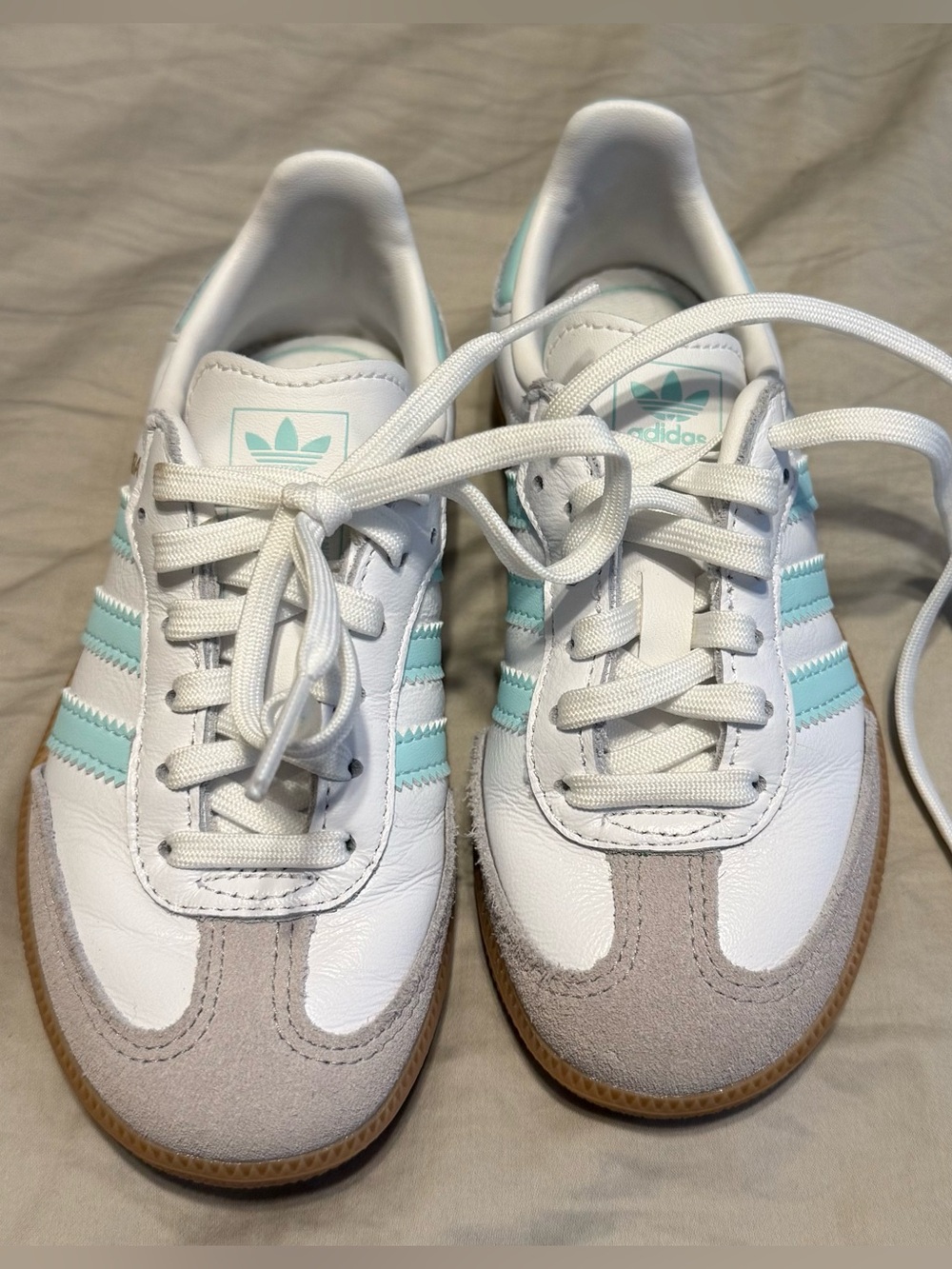 11K adidas White Sneakers with Mint Stripe Accents